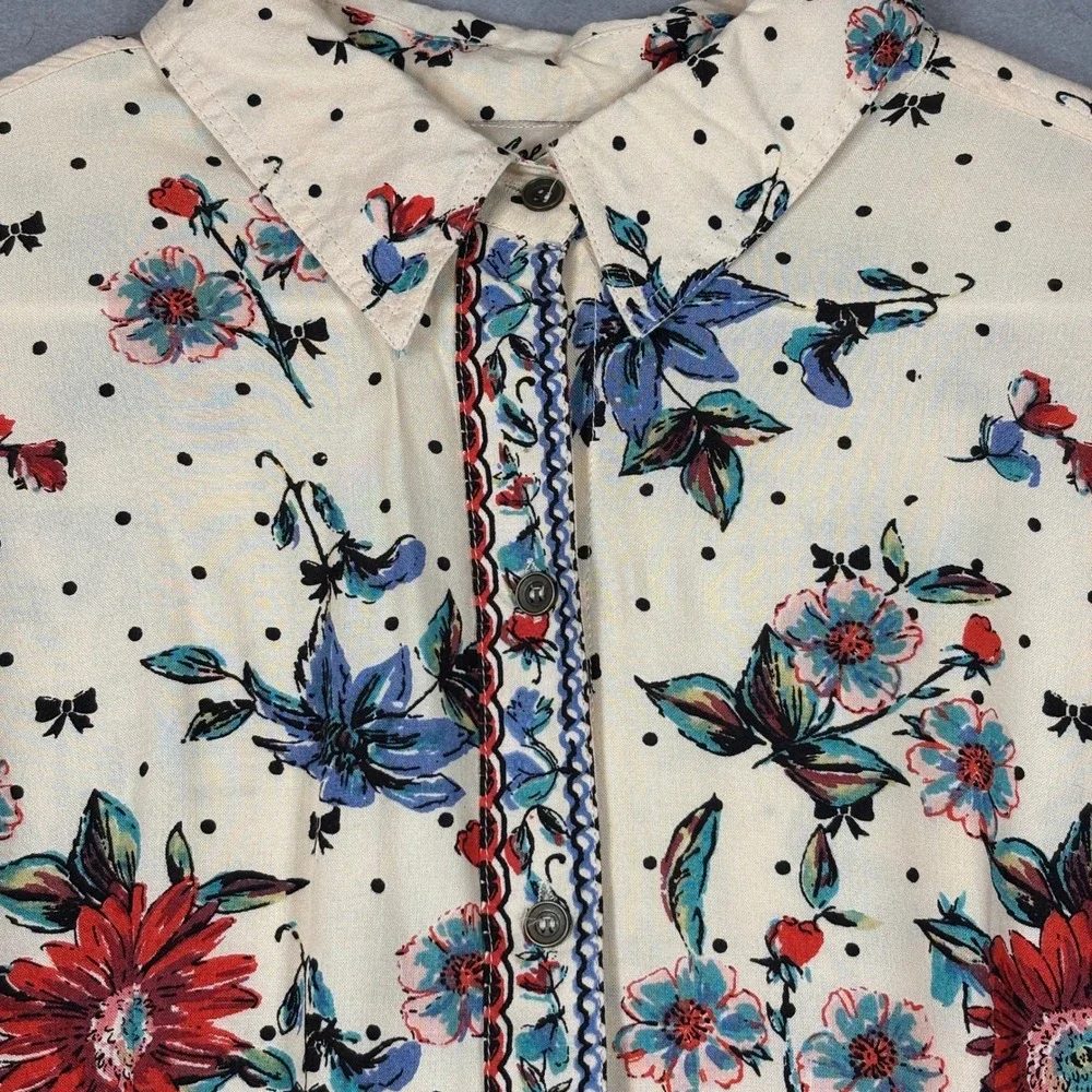 Lola P Womens Floral Polka‎ Dot Button Down Shirt Small High Low Boho Cottage